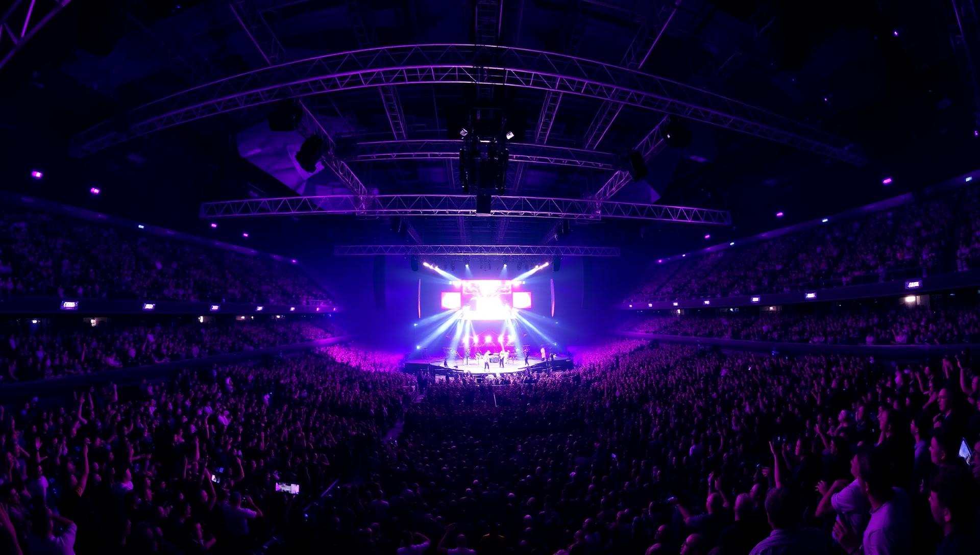 Täysi areena violetissa valaistuksessa